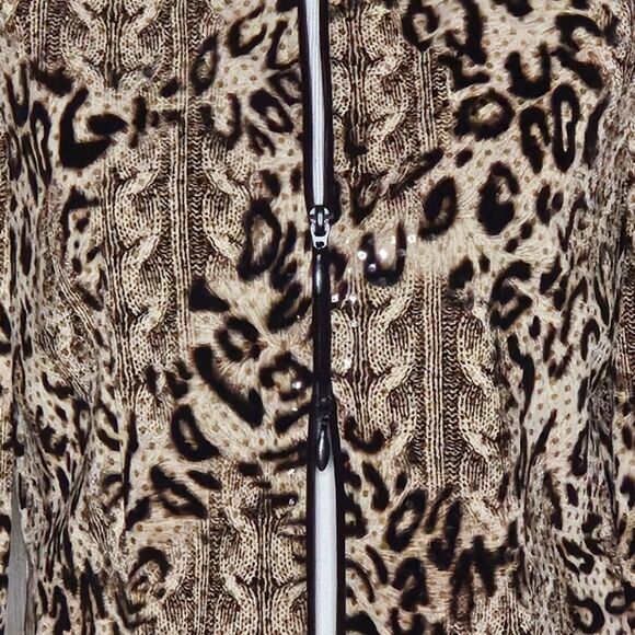 Joseph Ribkoff Sequin Brown & Tan Animal Print Double Zip Jacket Lined Blouse - Picture 6 of 14